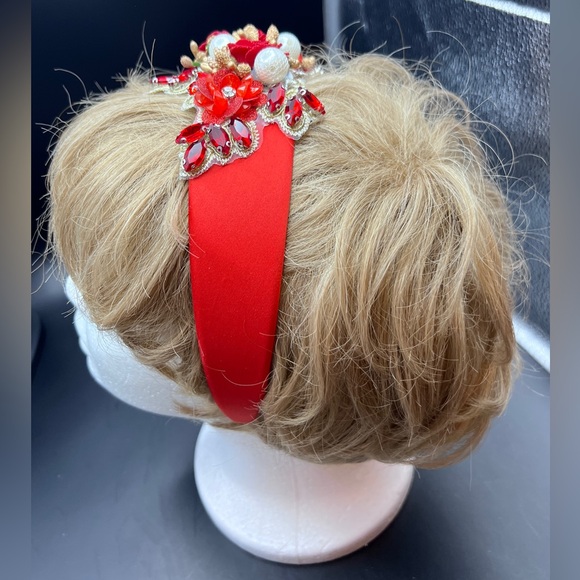 Floral and Faux Pearl Embellished Headband - Red - NWOT - Picture 2 of 6